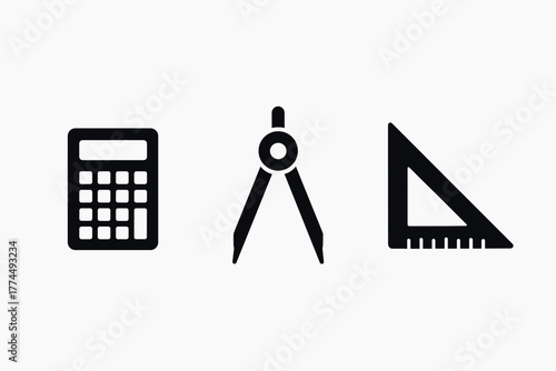 Mathematical tool set calculator, compass, triangle ruler icons in black silhouette style