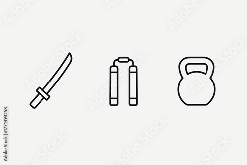 Simple outline icons of katana, nunchaku, and kettlebell for martial arts and fitness