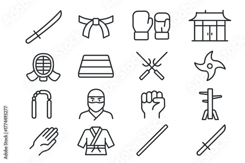 Martial arts icons collection line art style featuring weapons, attire, and symbols