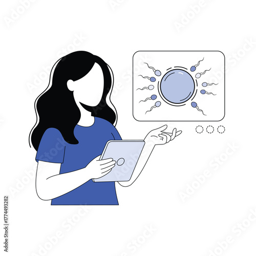 Woman with tablet explaining fertilization. Vector illustration concept for fertility, IVF, reproduction, or sex education.