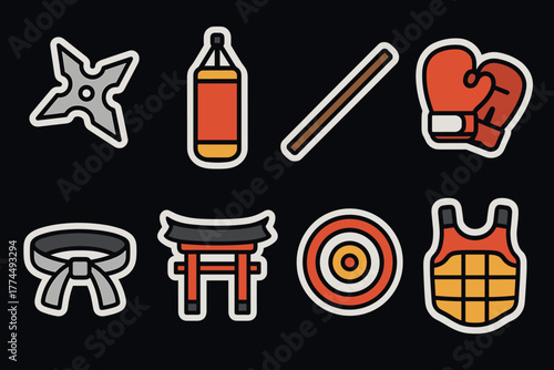 Martial arts equipment icons set gloves, punching bag, shuriken, belt, and more