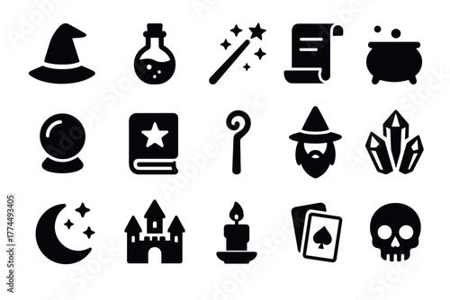 Magic icons set witch hat, potion, wand, crystal ball, and more in silhouette style