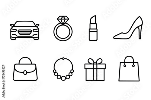 Minimalist line art icons of luxury lifestyle elements including jewelry, fashion accessories, and elegant car