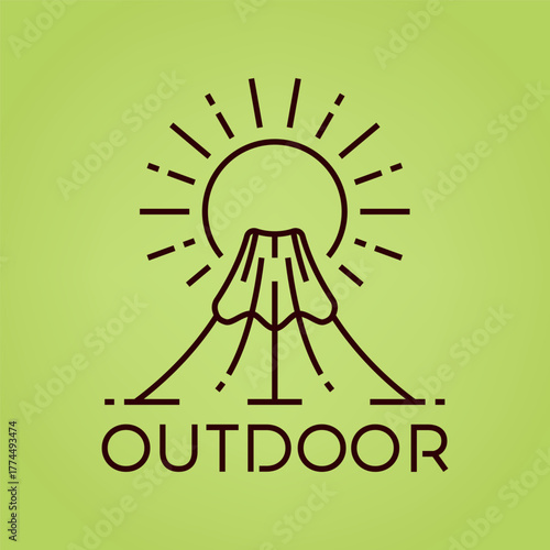 Volcano hiking logo with monoline adventure style