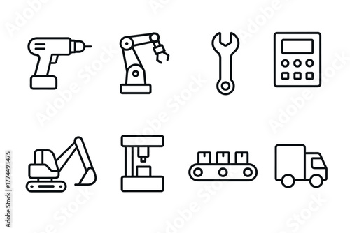 Assembly line tools and machines icons in minimalist linear style for industrial design