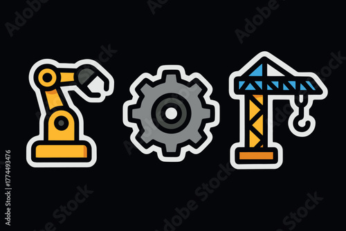 Construction and industry icons in flat design with black background