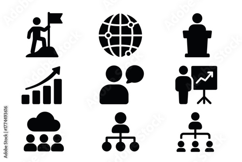 Business and networking icon set teamwork, leadership, growth, and collaboration concepts