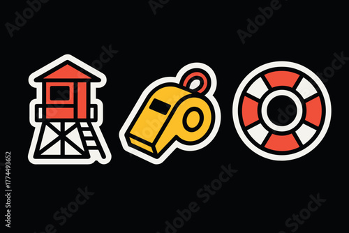 Set of bold lifeguard icons featuring tower, whistle, and lifebuoy on dark background