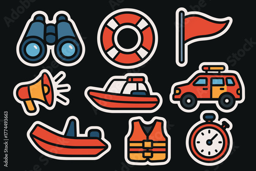 Colorful nautical icons on black background boats, life vest, binoculars, stopwatch
