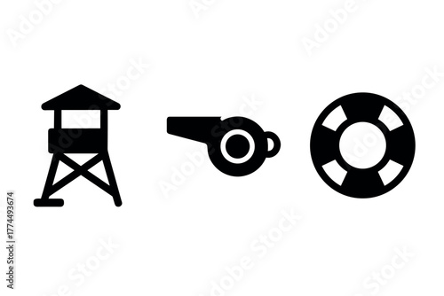 Essential lifeguard icons set tower, whistle, lifebuoy in bold black silhouette style