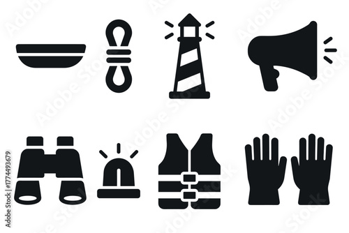 Nautical safety icons set featuring lighthouse, life vest, and more