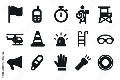 Essential lifeguard and safety icons for beach and pool protection