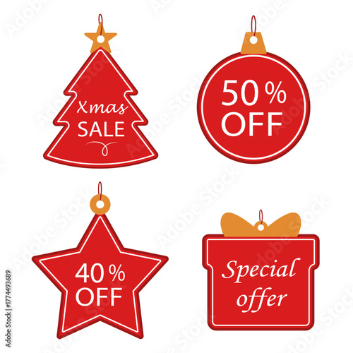 Festive Christmas sale tags in various shapes for holiday promotions and marketing. Vector illustration.