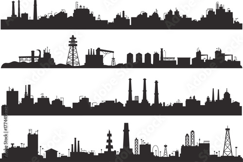 Industrial silhouettes, factory skyline, oil rigs, refinery towers, energy infrastructure, power plant icons, black and white industry illustration, vector design