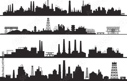 Industrial skyline silhouette, factory buildings, chimneys, oil refinery, power plant, urban industry, black silhouette, manufacturing zone, energy infrastructure, pollution concept