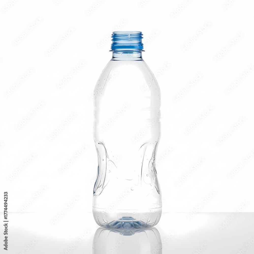 Fototapeta premium Clear plastic water bottle with blue cap removed on reflective white surface vector illustration for hydration and packaging themes