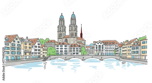 Zurich skyline doodle with iconic landmarks and architecture