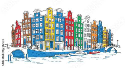 Amsterdam skyline doodle with iconic landmarks and architecture