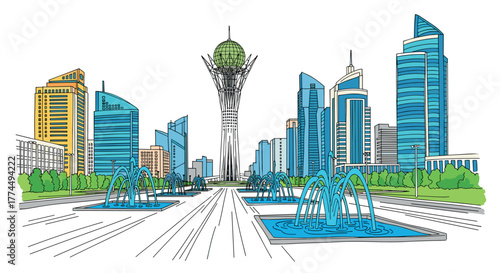 Astana skyline doodle with iconic landmarks and architecture