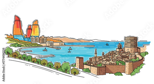 Baku skyline doodle with iconic landmarks and architecture