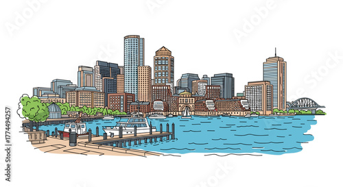 Boston skyline doodle with iconic landmarks and architecture