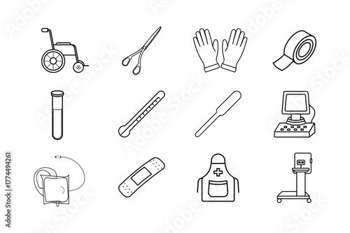Healthcare and Hospital Equipment Line Art Vector Set