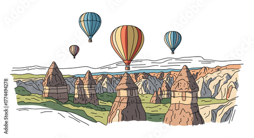 Cappadocia skyline doodle with iconic landmarks and architecture