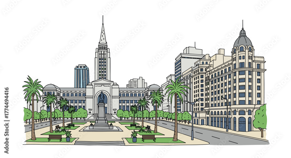 Naklejka premium Montevideo skyline doodle with iconic landmarks and architecture