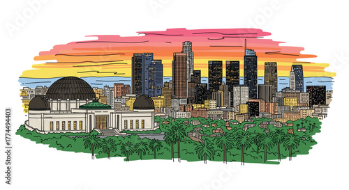 Los Angeles skyline doodle with iconic landmarks and architecture