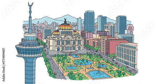Mexico City skyline doodle with iconic landmarks and architecture