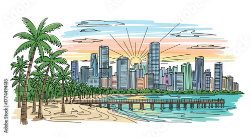 Miami skyline doodle with iconic landmarks and architecture