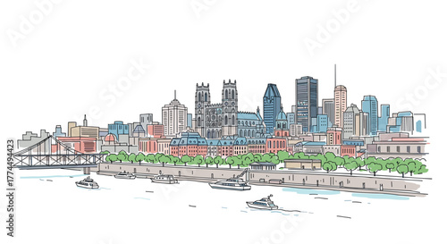 Montreal skyline doodle with iconic landmarks and architecture