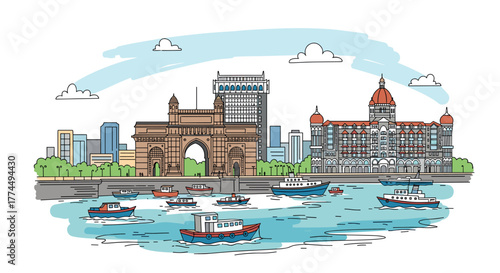 Mumbai skyline doodle with iconic landmarks and architecture