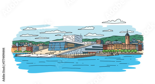 Oslo skyline doodle with iconic landmarks and architecture