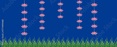 Indian lotus flower garland seamless border pattern on royal blue background | Hindu wedding, festive, and temple decoration design