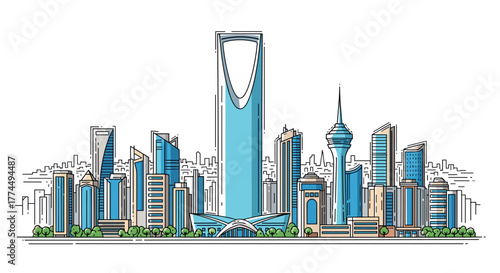 Riyadh skyline doodle with iconic landmarks and architecture