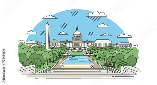 Washington skyline doodle with iconic landmarks and architecture