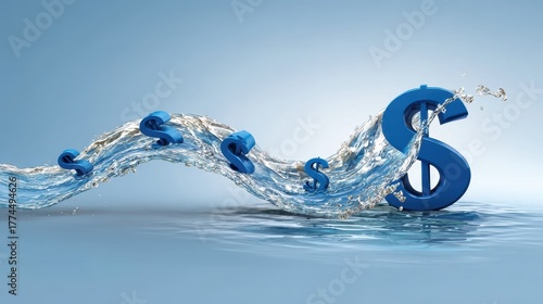 A blue dollar sign emerges from water waves, symbolizing financial concepts like liquidity and cash flow in a visually engaging manner.