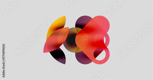 Abstract composition featuring overlapping translucent shapes. Warm colors dominate, creating dynamic visual effect. Soft gradients present.