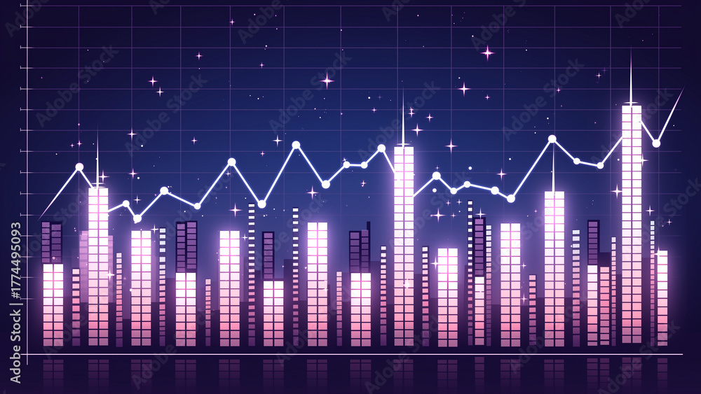 Fototapeta premium Futuristic city skyline financial chart and graph background with glowing effects