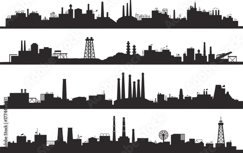 Industrial skyline silhouettes, factory landscape illustration, refinery icons, smokestacks, oil derricks, cooling towers, urban industry, black silhouette, energy infrastructure, manufacturing