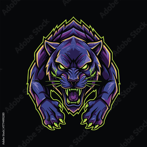 Vibrant and fierce black panther mascot illustration, showcasing a roaring feline with intense green eyes and sharp claws, embodying power and competitive spirit