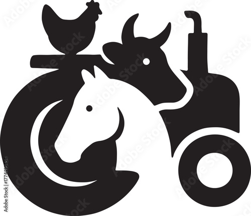 Tractor silhouette with barn animals in circular layout, creative bold farm vector design.