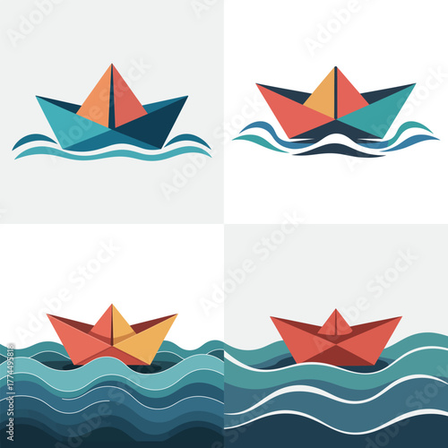 Sea animals and origami boats vector illustration with ocean waves and cartoon style design