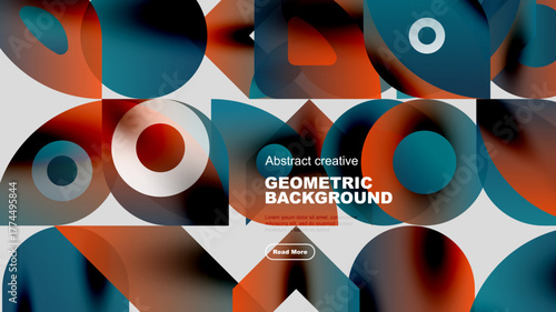 Abstract geometric background features overlapping circles, squares. Warm colors dominate with cool blue accents. Modern design elements present.