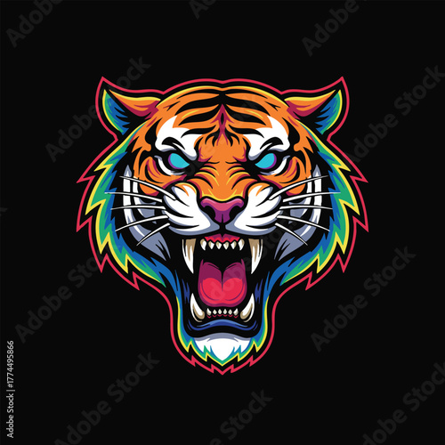 Colorful illustration of a fierce tiger head roaring with aggression. An energetic wildcat mascot design with glowing eyes, perfect for a sports or esports team
