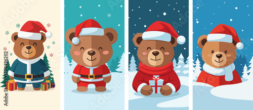 Cartoon bear with a festive backdrop, vertical format, vector, set