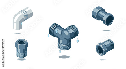 Metal pipe connectors with water droplets in isometric design