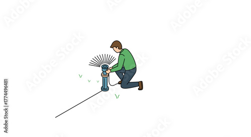 Gardener repairing sprinkler system in minimalist outdoor setting