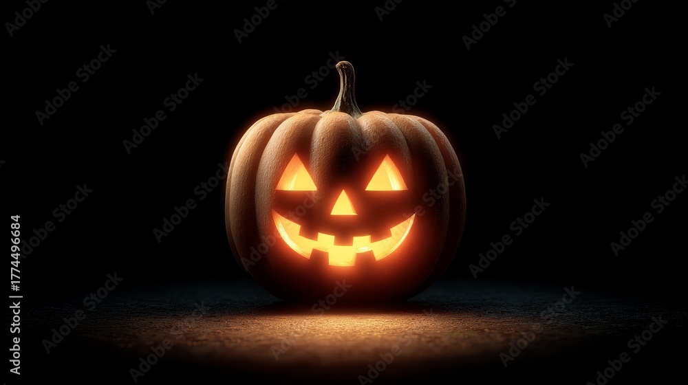 Fototapeta premium Halloween pumpkin glowing with carved face on dark background in vector sticker logo style, simple black and white design with transparent background.